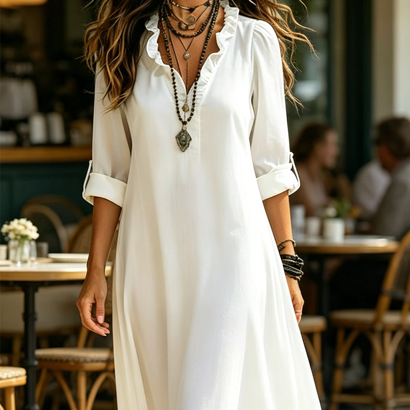 Böhmisches Maxikleid mit Rüschen und V-Ausschnitt