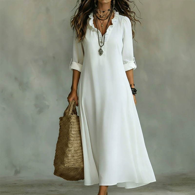Böhmisches Maxikleid mit Rüschen und V-Ausschnitt
