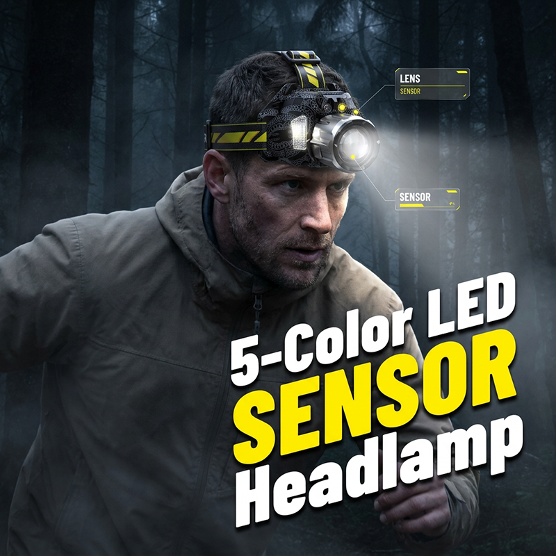 🔦 JETZT 50% RABATT! ✨ Wiederaufladbare 5-Farben-LED-Stirnlampe – Bewegungssensor & Angel-/UV-Modi 💡