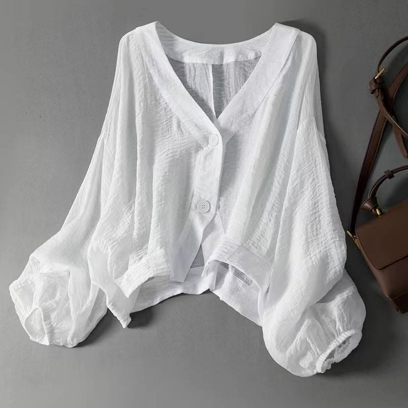 👕 ZEITLICH BEGRENZT 50% RABATT! ✨ Damen Leichtes Sonnenschutz-Shirt – Tiefer V-Ausschnitt, Laternenärmel, Transparente Lage ☀️