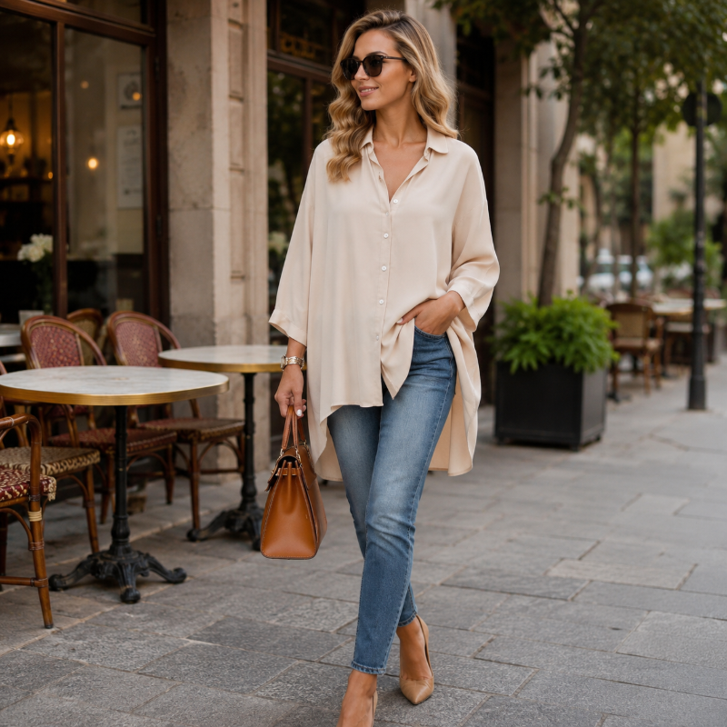 🔥50% RABATT🔥 Damen Lässige Weite Apricot Bluse | Langarm | Knopfleiste | Kragen ✨