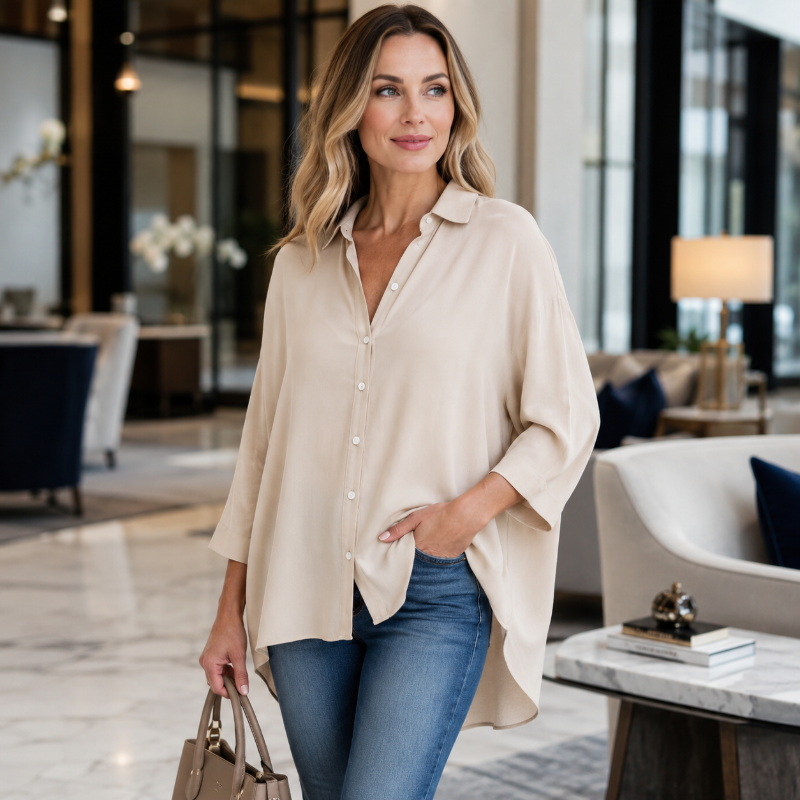 🔥50% RABATT🔥 Damen Lässige Weite Apricot Bluse | Langarm | Knopfleiste | Kragen ✨
