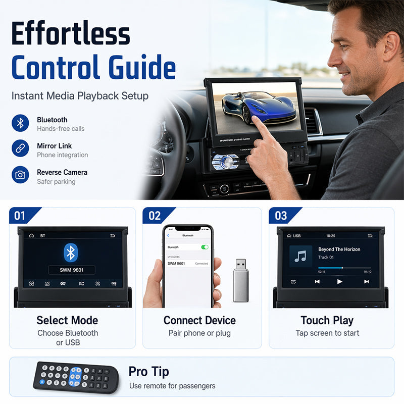 📻 Autoradio mit Touchscreen | 7-Zoll-Touchscreen · Bluetooth Freisprechen · USB/SD/AUX · Rückfahrkamera