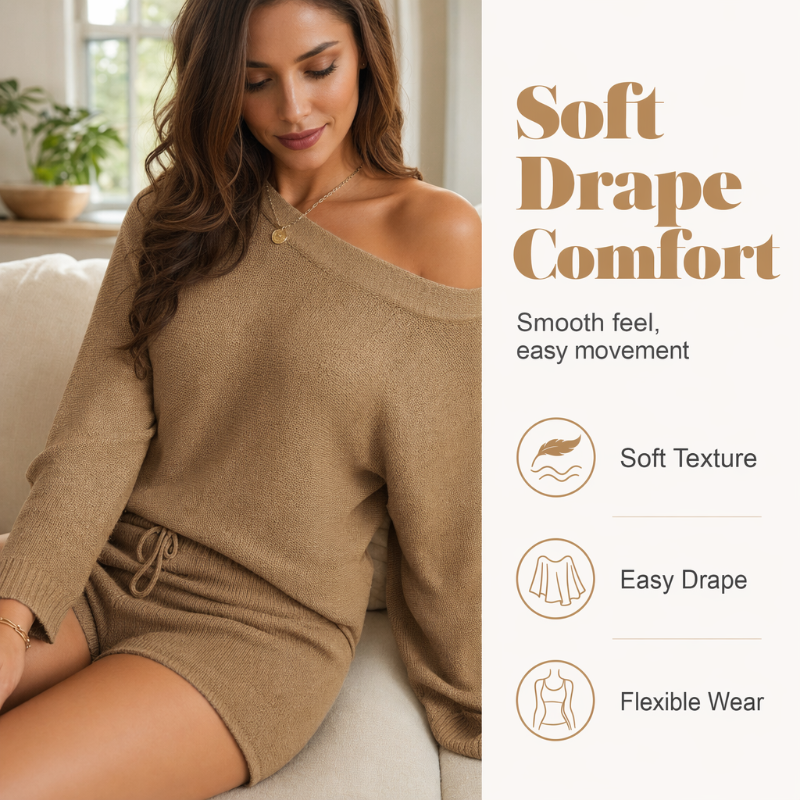 👗🌿 50% RABATT! Damen Lässiges Off-Shoulder Strickpullover & Shorts Set – Weich, luftig & perfekt für Sommer, Freizeit & zu Hause ✨