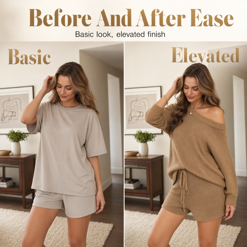👗🌿 50% RABATT! Damen Lässiges Off-Shoulder Strickpullover & Shorts Set – Weich, luftig & perfekt für Sommer, Freizeit & zu Hause ✨