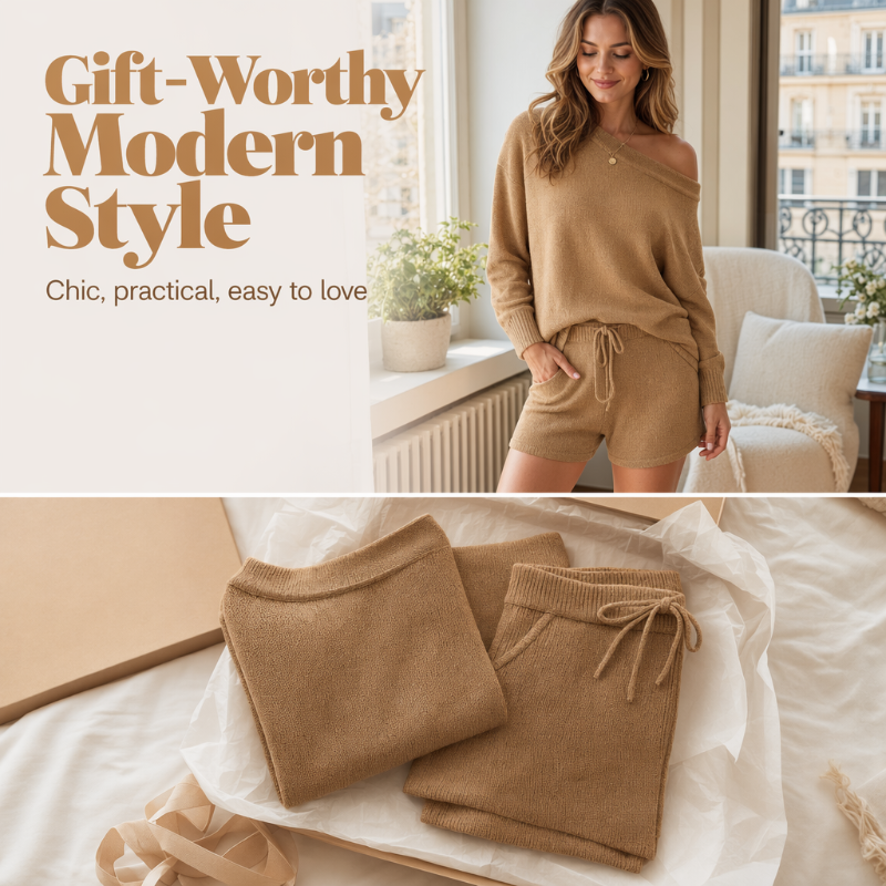 👗🌿 50% RABATT! Damen Lässiges Off-Shoulder Strickpullover & Shorts Set – Weich, luftig & perfekt für Sommer, Freizeit & zu Hause ✨