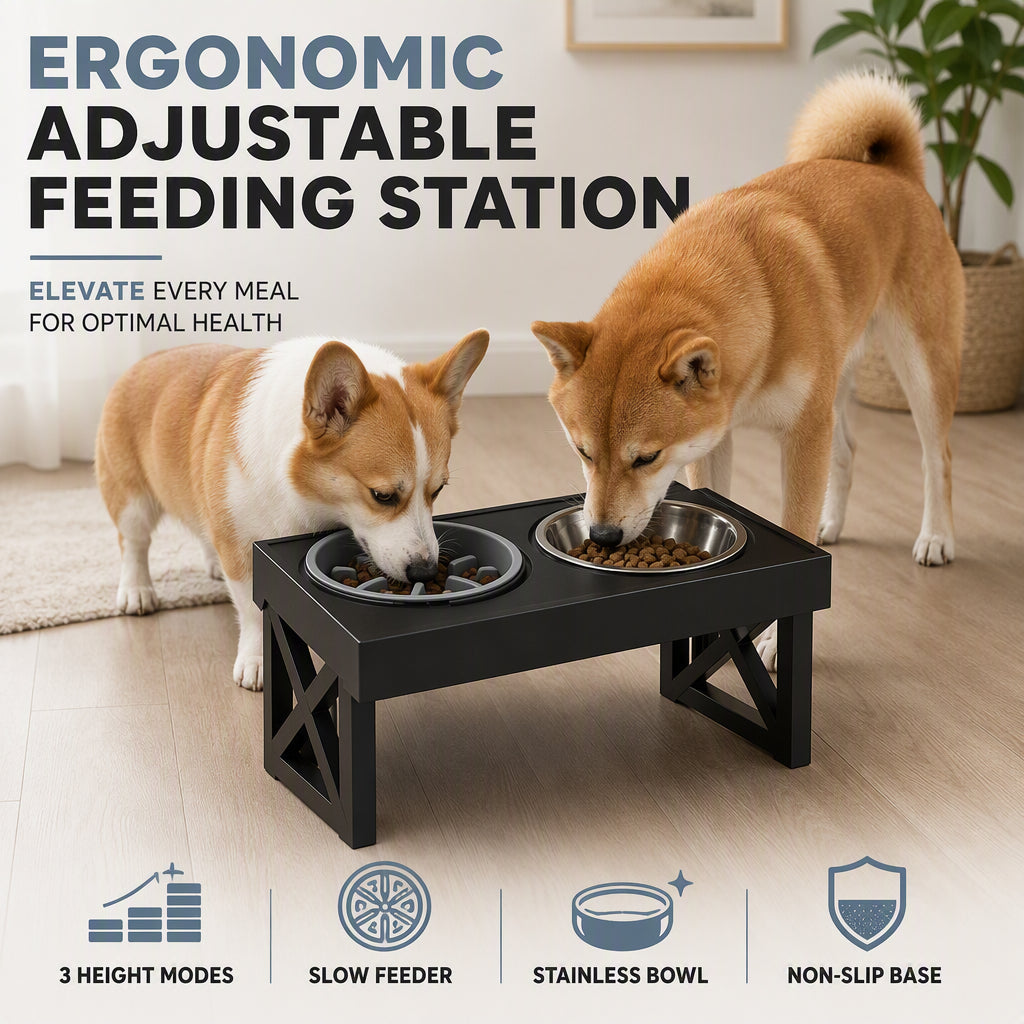 Elevated Dog Bowls with Slow Feeder & Stainless Steel Bowls