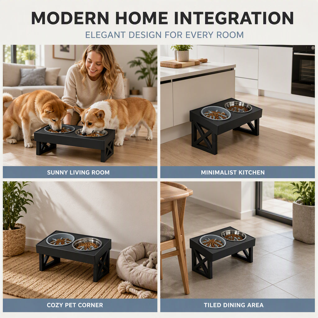 Elevated Dog Bowls with Slow Feeder & Stainless Steel Bowls