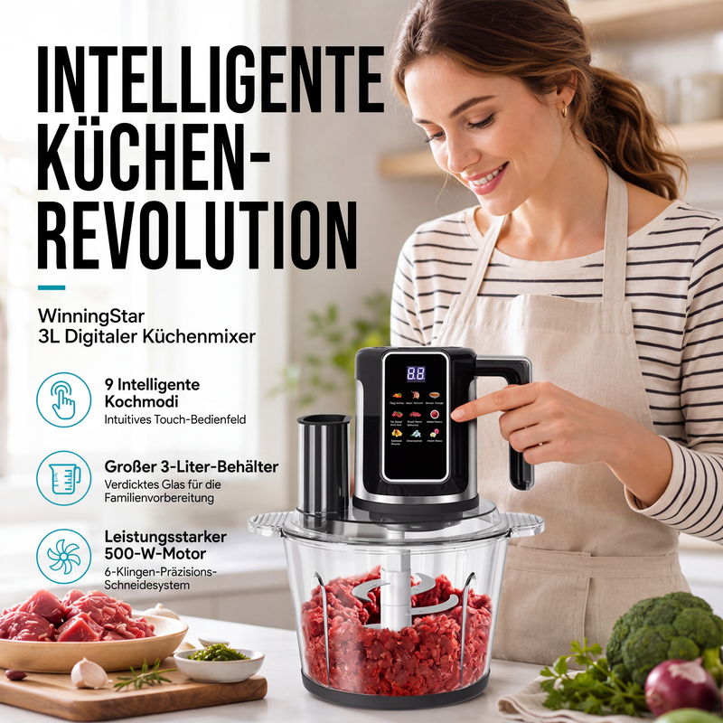 Multifunktionaler Food Processor mit Touch-Bedienung und Glasschüssel