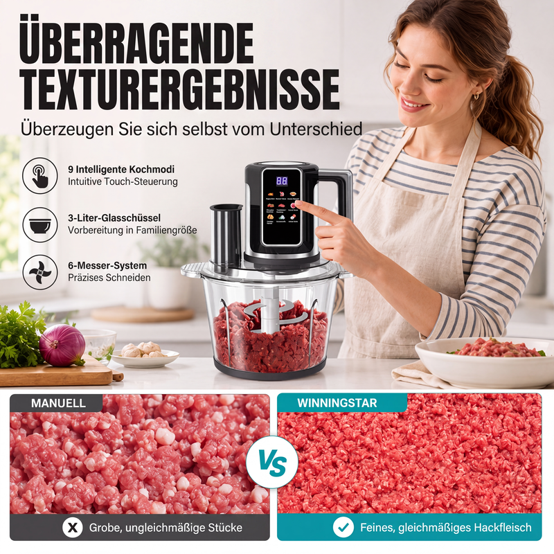 Multifunktionaler Food Processor mit Touch-Bedienung und Glasschüssel