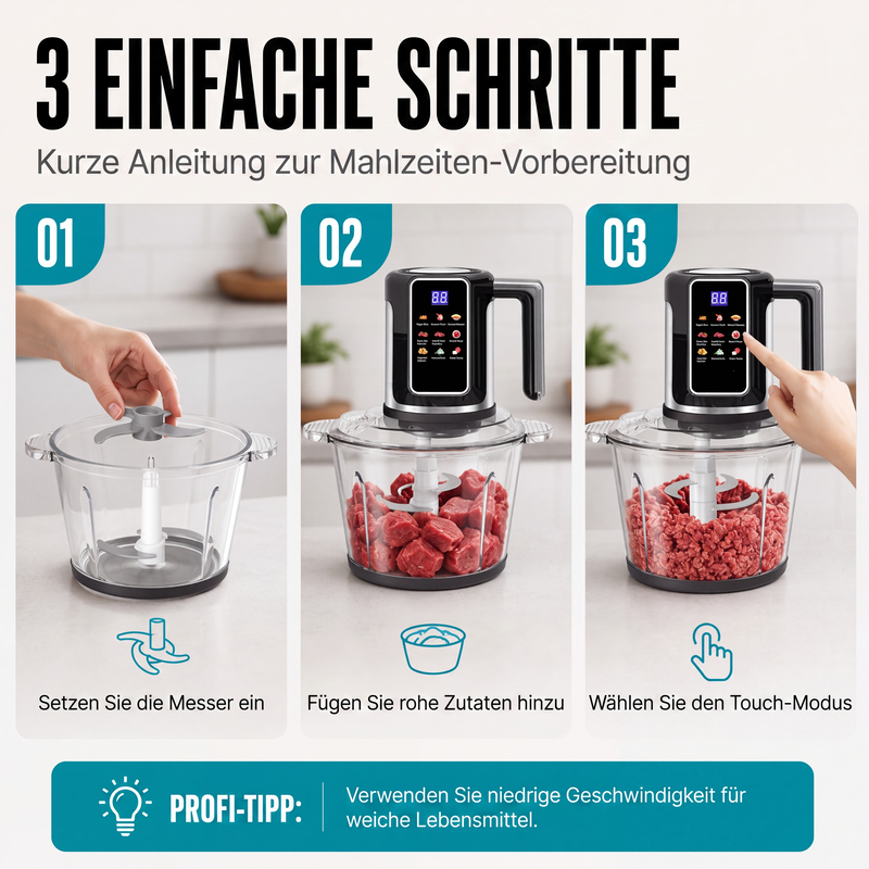 Multifunktionaler Food Processor mit Touch-Bedienung und Glasschüssel