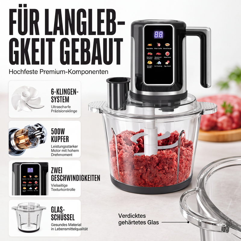 Multifunktionaler Food Processor mit Touch-Bedienung und Glasschüssel