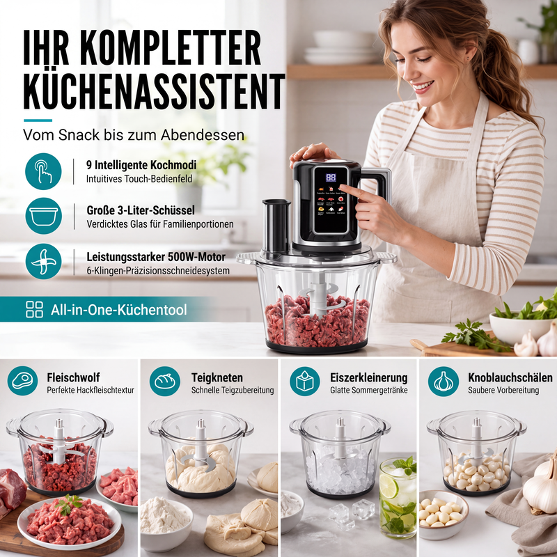 Multifunktionaler Food Processor mit Touch-Bedienung und Glasschüssel