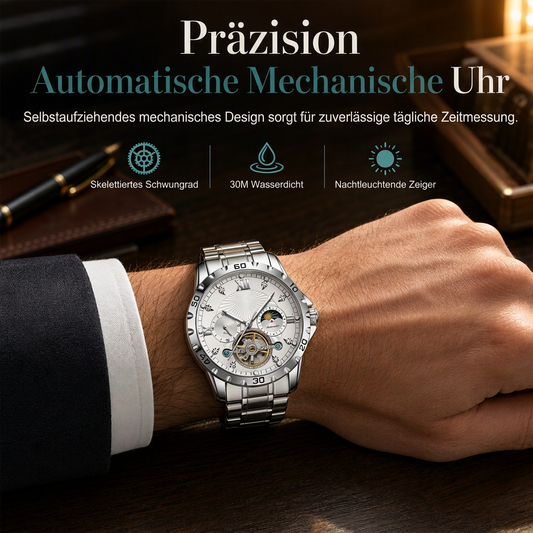 Automatische mechanische Uhr für Herren, leuchtend, wasserdicht, Geschäfts-Skelettuhr mit Schwungrad und Edelstahlarmband