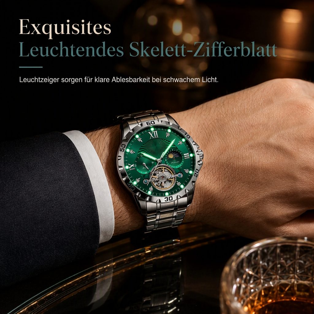 Automatische mechanische Uhr für Herren, leuchtend, wasserdicht, Geschäfts-Skelettuhr mit Schwungrad und Edelstahlarmband