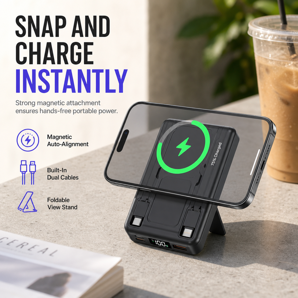 Magnetische kabellose Schnelllade-Powerbank mit integriertem Kabel und Ständer