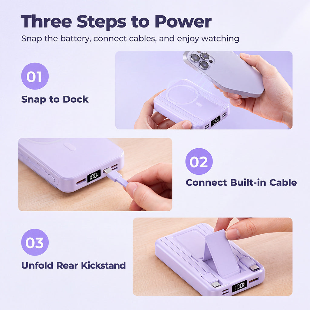 Magnetische kabellose Schnelllade-Powerbank mit integriertem Kabel und Ständer