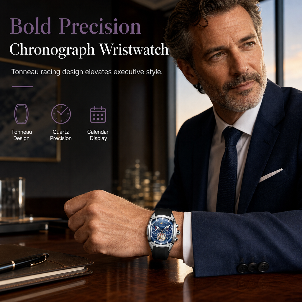 🕰️ Herren Tonneau Quarz-Chronograph mit skelettiertem Zifferblatt, Mondphase, Kalender & Silikonarmband