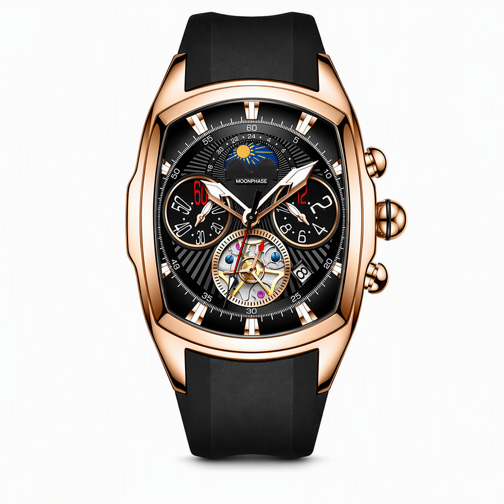 🕰️ Herren Tonneau Quarz-Chronograph mit skelettiertem Zifferblatt, Mondphase, Kalender & Silikonarmband