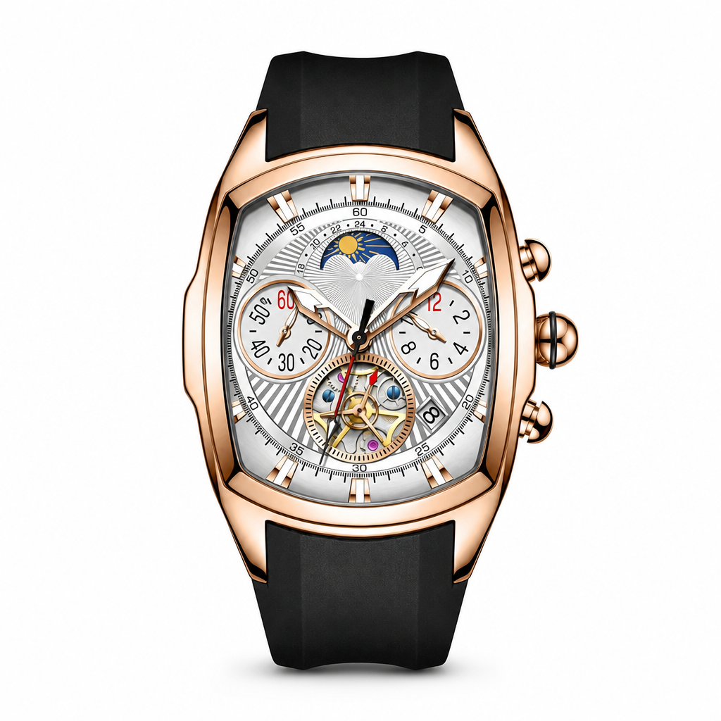 🕰️ Herren Tonneau Quarz-Chronograph mit skelettiertem Zifferblatt, Mondphase, Kalender & Silikonarmband