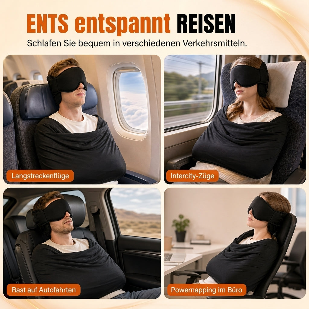 📢📢50% RABATT !!⏰Set aus integriertem Memory-Foam-Reisekissen und 3D-abdunkelnder Schlafmaske zur Nackenstütze auf Reisen