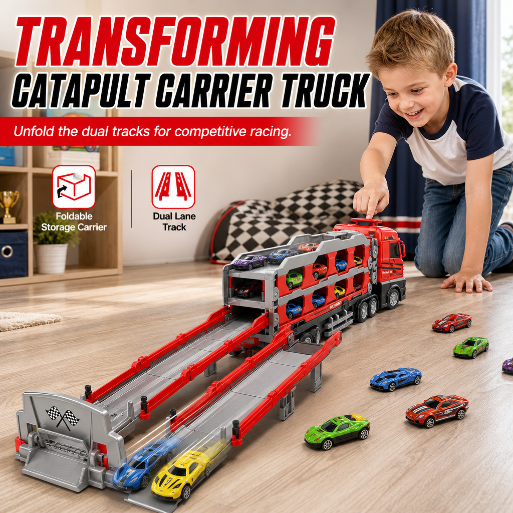 Verwandelbarer Kinder-LKW mit Katapult-Rennbahn (207 cm), Soundeffekten & Mini-Metall-Baufahrzeugen