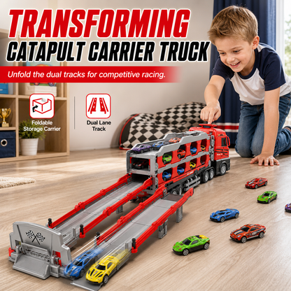 Verwandelbarer Kinder-LKW mit Katapult-Rennbahn (207 cm), Soundeffekten & Mini-Metall-Baufahrzeugen