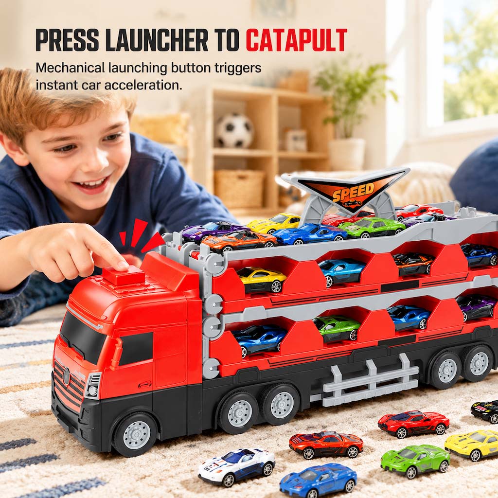 Verwandelbarer Kinder-LKW mit Katapult-Rennbahn (207 cm), Soundeffekten & Mini-Metall-Baufahrzeugen