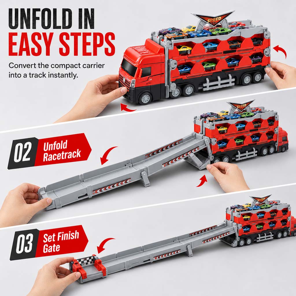 Verwandelbarer Kinder-LKW mit Katapult-Rennbahn (207 cm), Soundeffekten & Mini-Metall-Baufahrzeugen