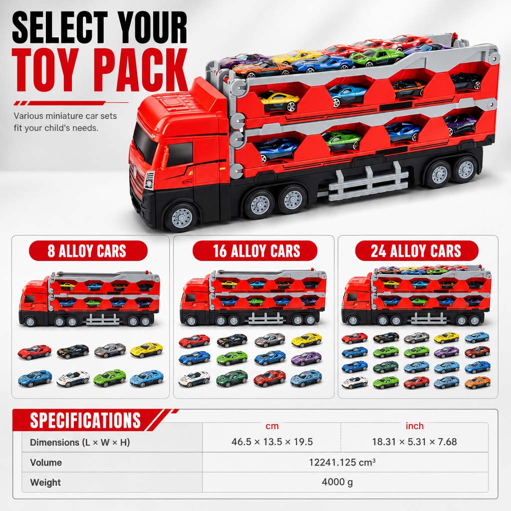 Verwandelbarer Kinder-LKW mit Katapult-Rennbahn (207 cm), Soundeffekten & Mini-Metall-Baufahrzeugen