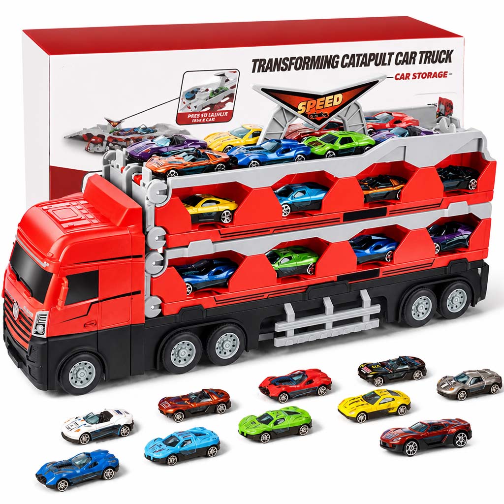 Verwandelbarer Kinder-LKW mit Katapult-Rennbahn (207 cm), Soundeffekten & Mini-Metall-Baufahrzeugen