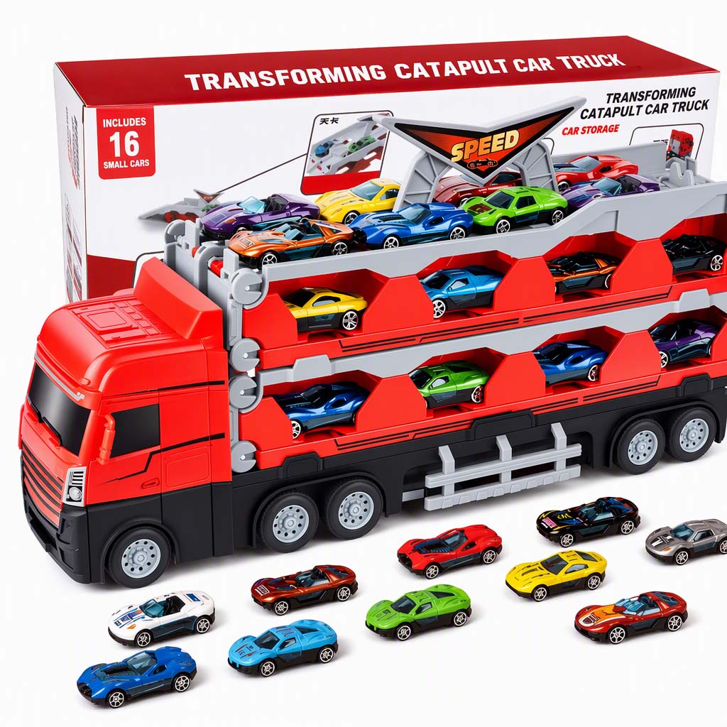 Verwandelbarer Kinder-LKW mit Katapult-Rennbahn (207 cm), Soundeffekten & Mini-Metall-Baufahrzeugen