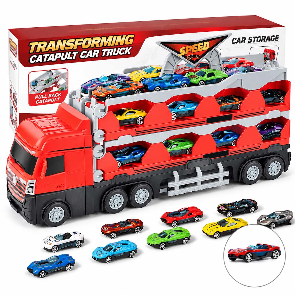 Verwandelbarer Kinder-LKW mit Katapult-Rennbahn (207 cm), Soundeffekten & Mini-Metall-Baufahrzeugen