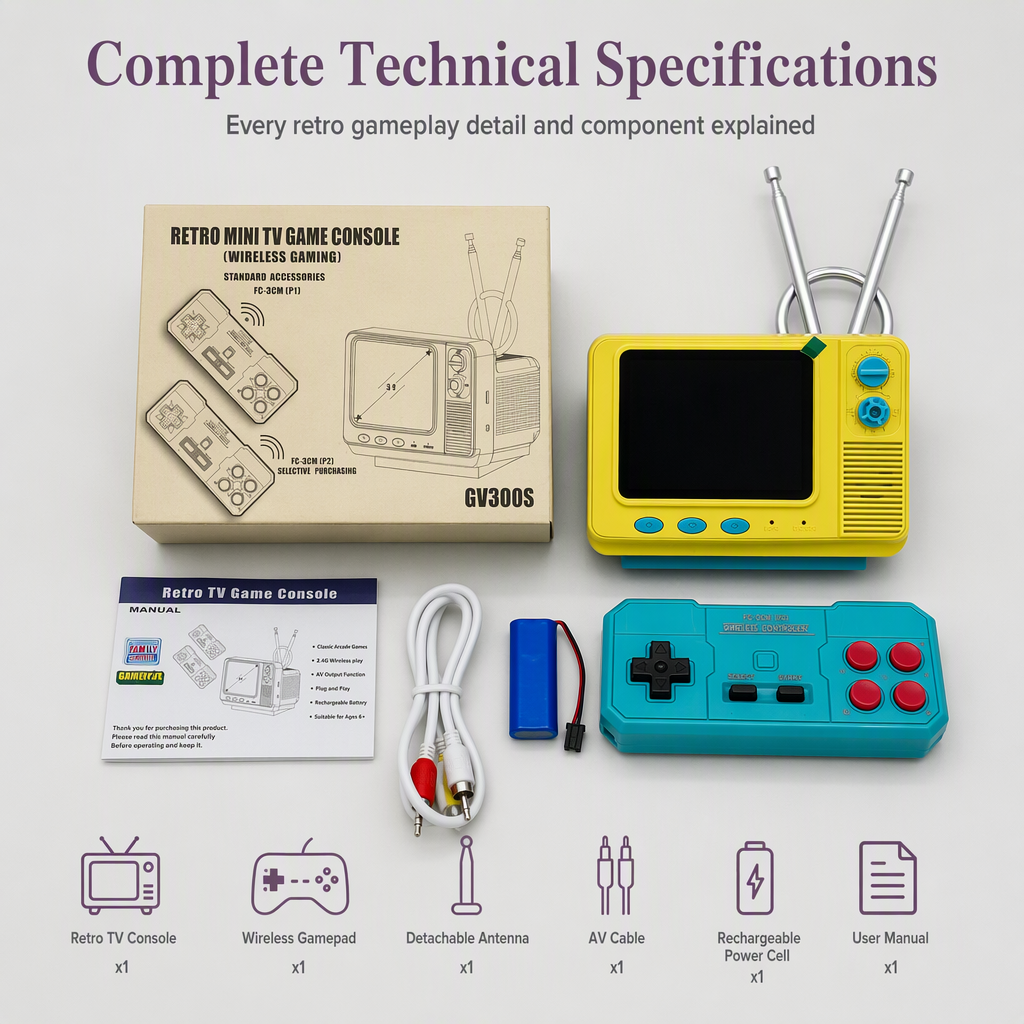 Klassische Retro Mini TV-Spielekonsole GV300S – Nostalgische kabellose Handheld-Konsole mit TF-Kartenversion