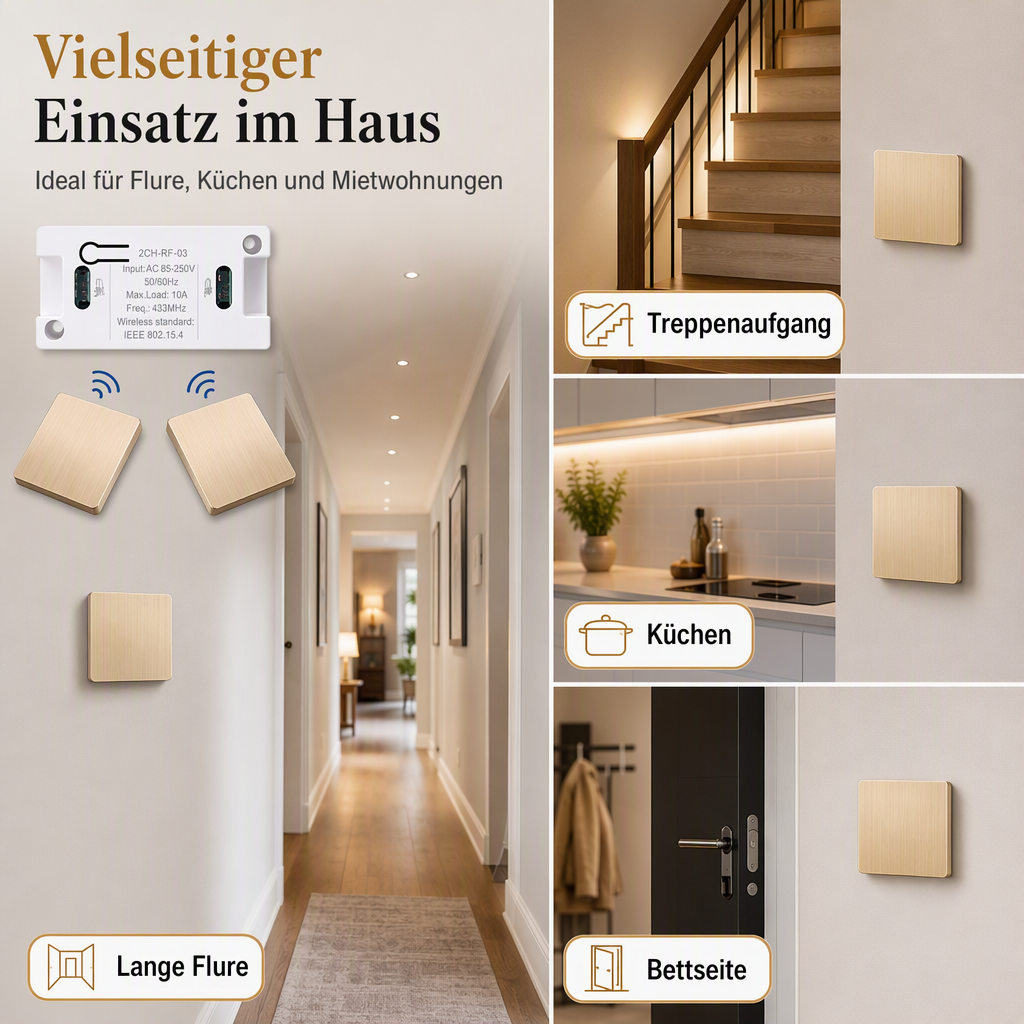 Kabelloses Funk Lichtschalter Set ohne Verkabelung mit selbstklebendem Wandschalter und Empfänger für 220V Haushaltslampen