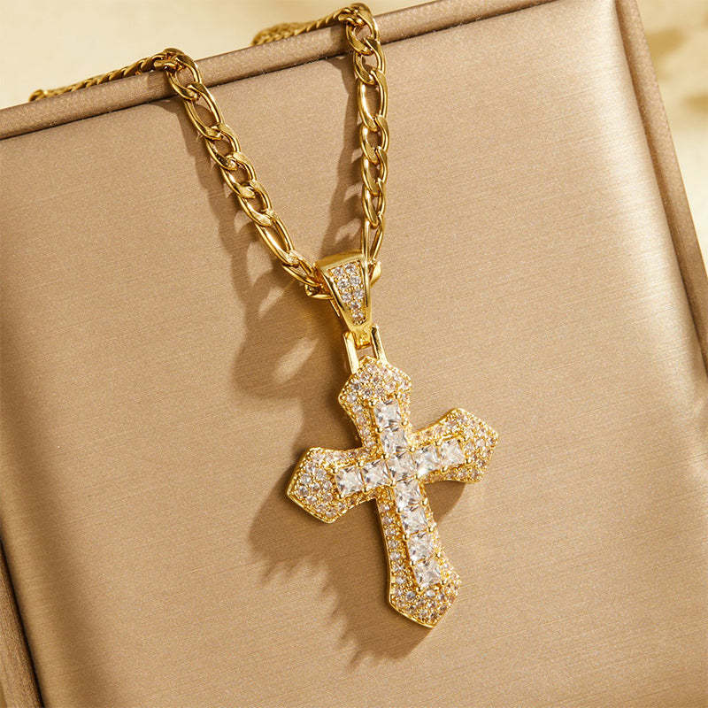 ✝️ Zweilagige Halskette mit Kreuz-Anhänger aus Kupfer – vollständig mit Zirkonia besetzt, elegant & funkelnd