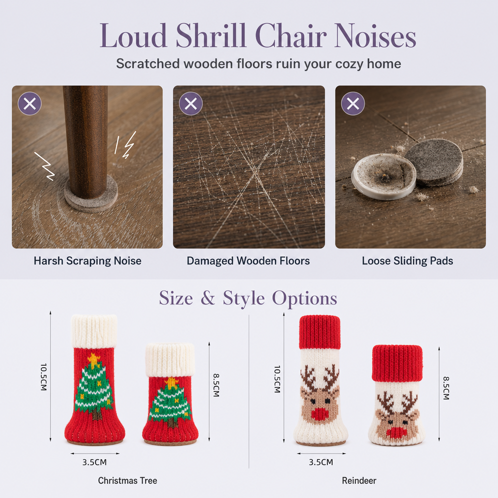 🎄 Weihnachtliche Stuhlbeinsocken 4er-Set – gestrickt, mit Filzgleitern, rutschfest & verdickt für Bodenschutz