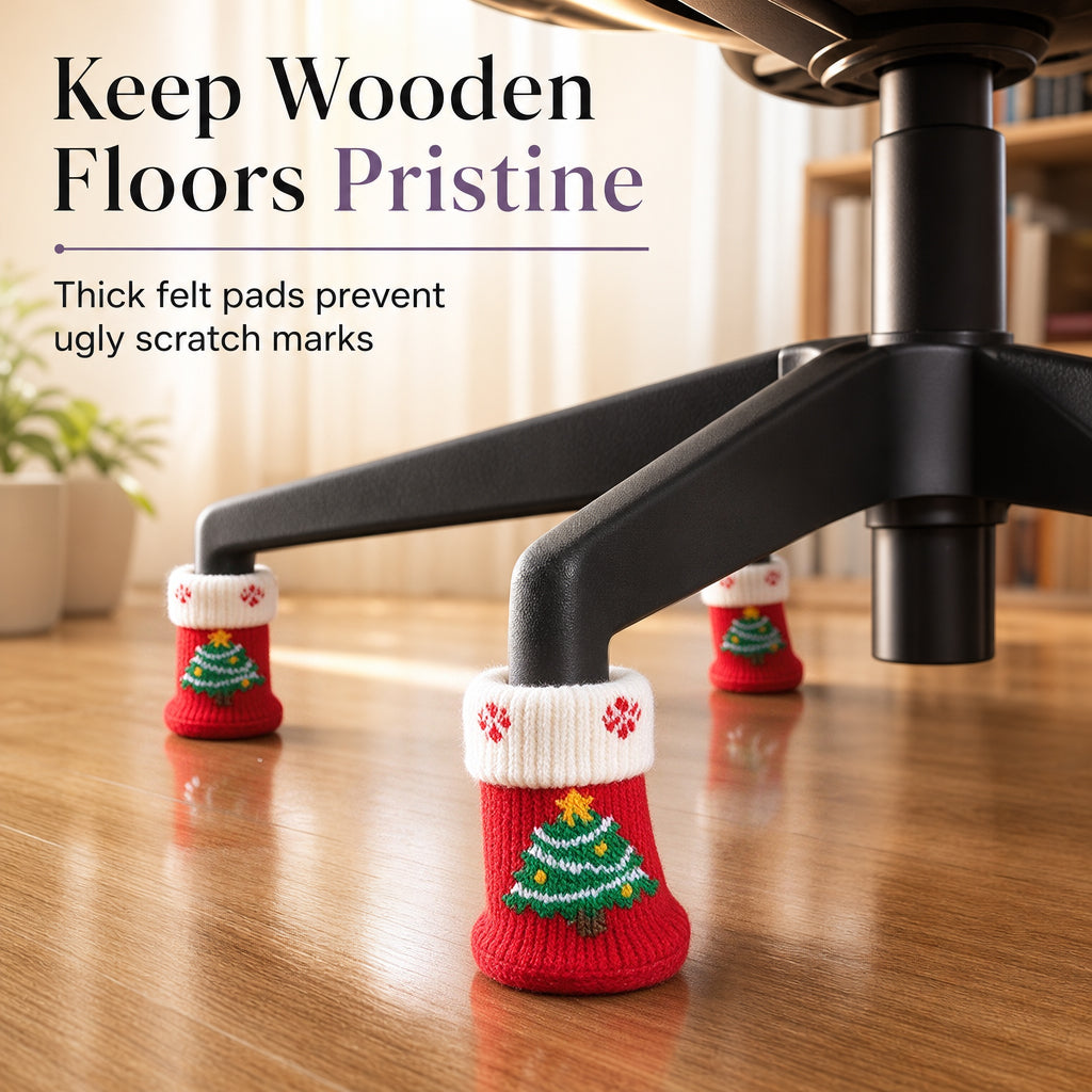 🎄 Weihnachtliche Stuhlbeinsocken 4er-Set – gestrickt, mit Filzgleitern, rutschfest & verdickt für Bodenschutz