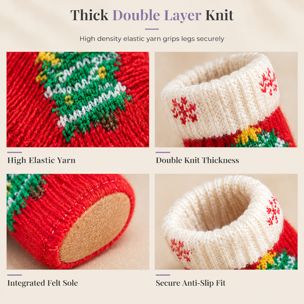 🎄 Weihnachtliche Stuhlbeinsocken 4er-Set – gestrickt, mit Filzgleitern, rutschfest & verdickt für Bodenschutz