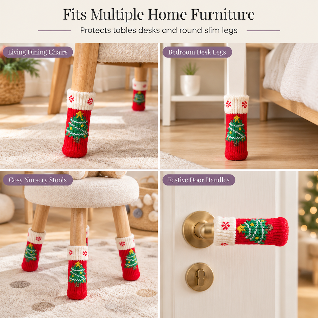 🎄 Weihnachtliche Stuhlbeinsocken 4er-Set – gestrickt, mit Filzgleitern, rutschfest & verdickt für Bodenschutz