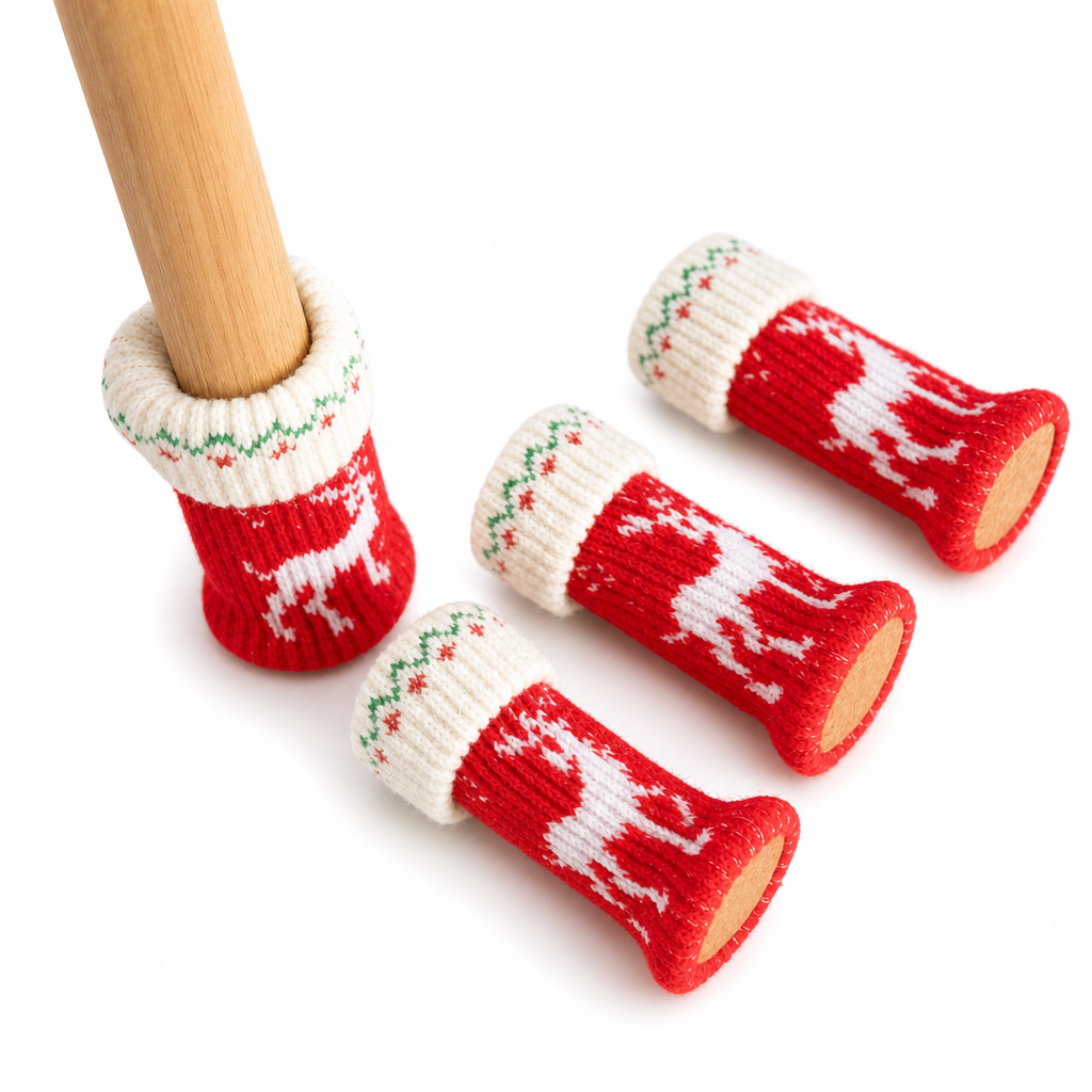 🎄 Weihnachtliche Stuhlbeinsocken 4er-Set – gestrickt, mit Filzgleitern, rutschfest & verdickt für Bodenschutz